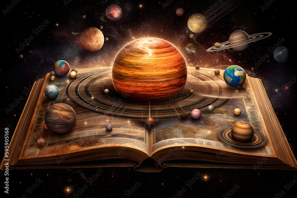 AI-powered astrology analysis: planets emerging from an open astrological book representing the depth of AI birth chart interpretation for detriment and fall placements