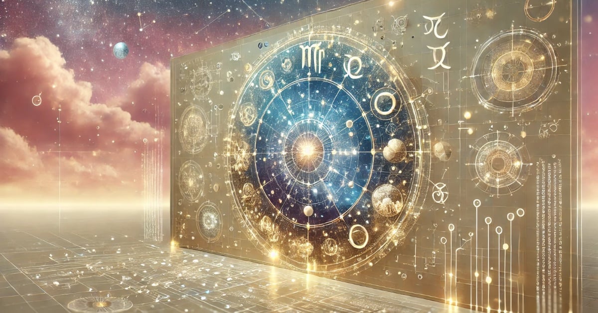 AI-powered tools in astrology: a luminous digital wall displaying an astrological chart wheel with zodiac glyphs and data points