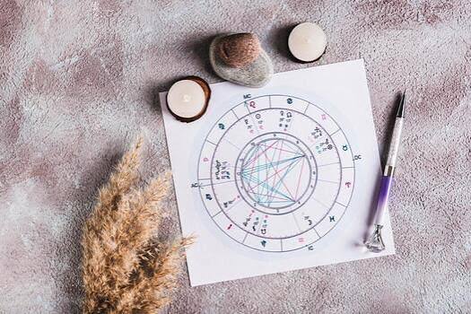 Birth chart in astrology and wealth: a printed natal chart wheel with planetary aspects beside candles, stones, and a pen