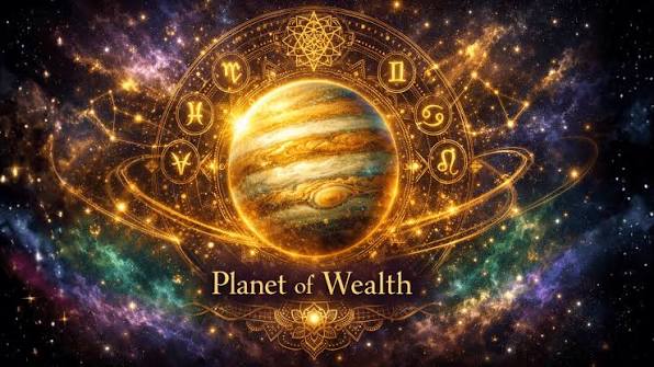 Money in astrology: Jupiter glowing inside a golden ring of zodiac glyphs with the words Planet of Wealth