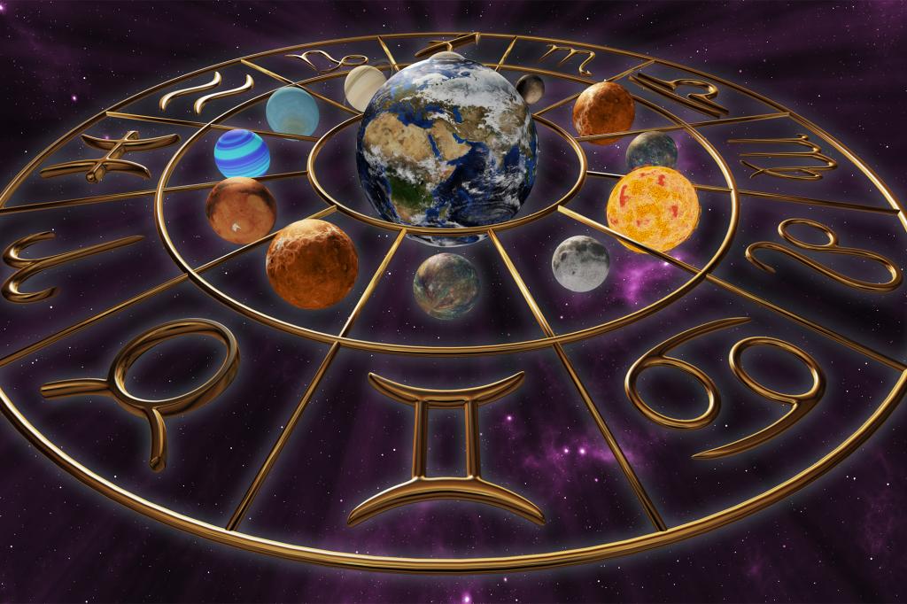 Planets in fall shown within a 3D golden astrology zodiac ring with all 12 signs and planetary symbols