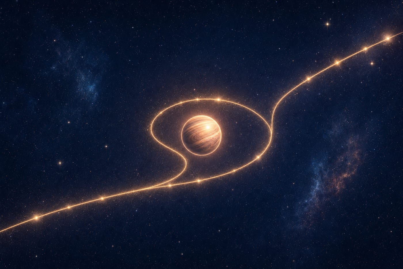 A planet tracing the looping path of an apparent retrograde through a field of stars