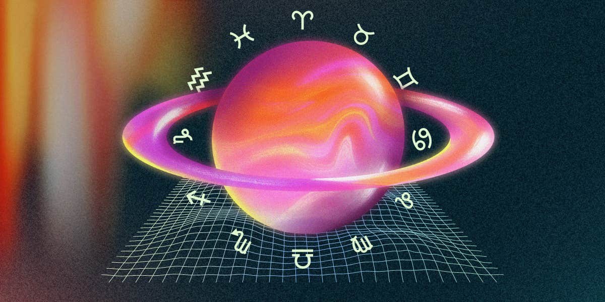 Second Saturn return: illustration of Saturn surrounded by the twelve zodiac sign glyphs bending a gravitational grid