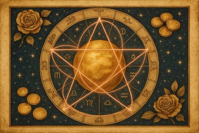 Venus in astrology and wealth: a golden planet at the center of a zodiac wheel traced by a pentagram, framed by roses and gold coins