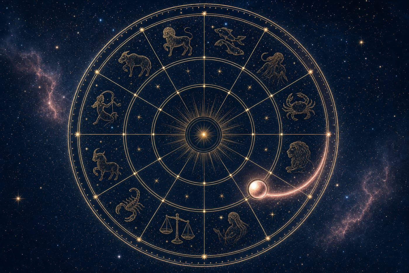 Zodiac wheel with a rose-gold Venus marker showing Venus moving through the twelve signs