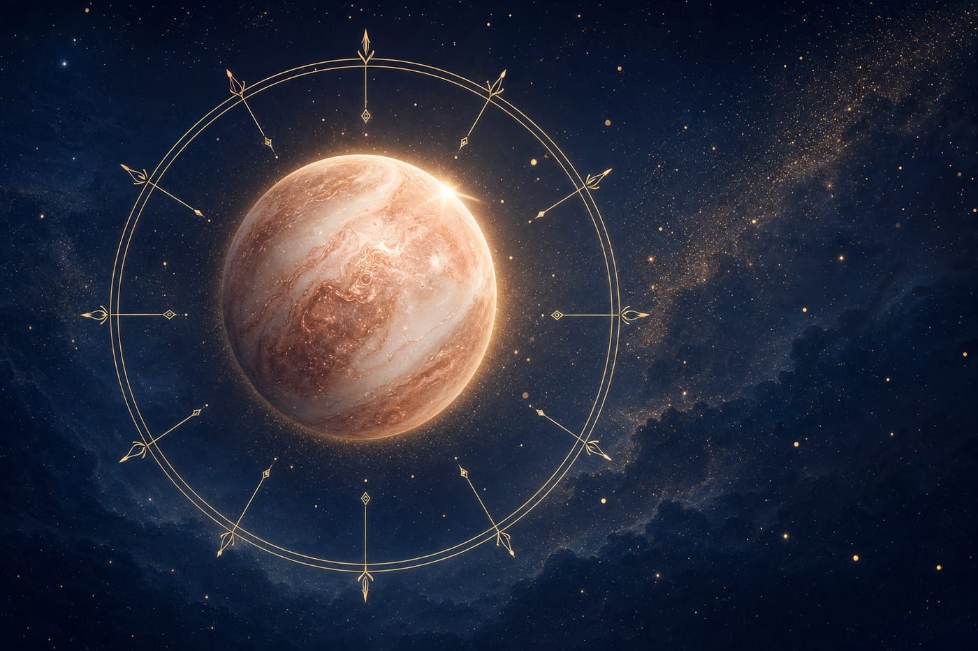 Illustration of the planet Venus glowing inside a golden zodiac ring, representing the Venus sign in astrology