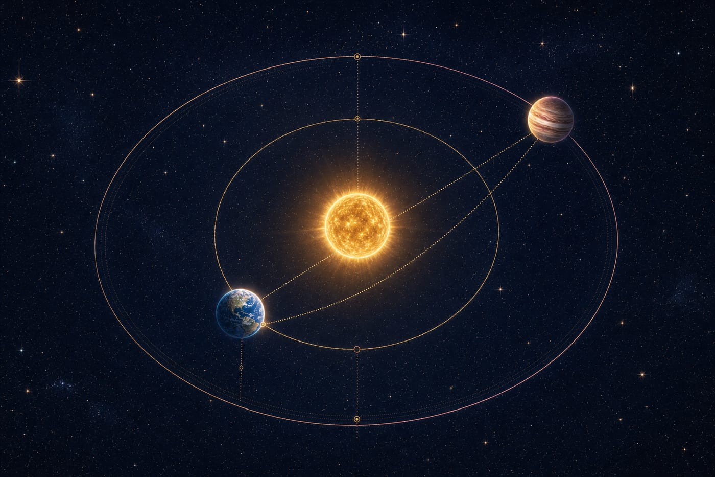 Illustration of Earth on an inner orbit overtaking an outer planet, with dotted lines of sight showing the apparent backward motion